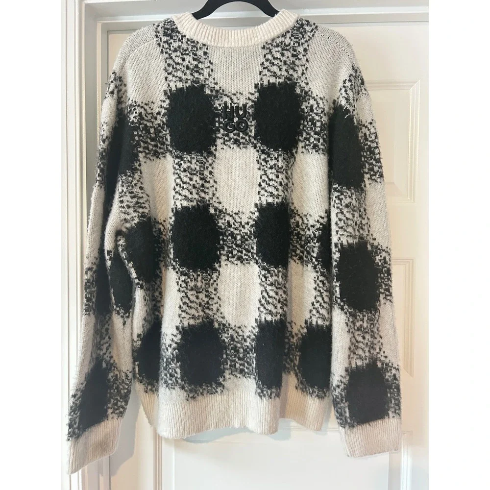 $589 HUGO Boss Shequer Wool Alpaca Blend Oversized Sweater‎ Black White Check XL